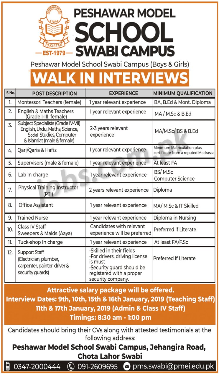 Peshawar Model School (Swabi) Jobs 2019 for Staff Nurses, Supervisors, PTI, Lab, Office, Teaching & Other Staff (Walk-in Interviews)