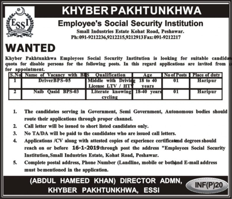 KP Employee’s Social Security Institution (KPESSI) Jobs 2019 for Driver & Naib Qasid Posts