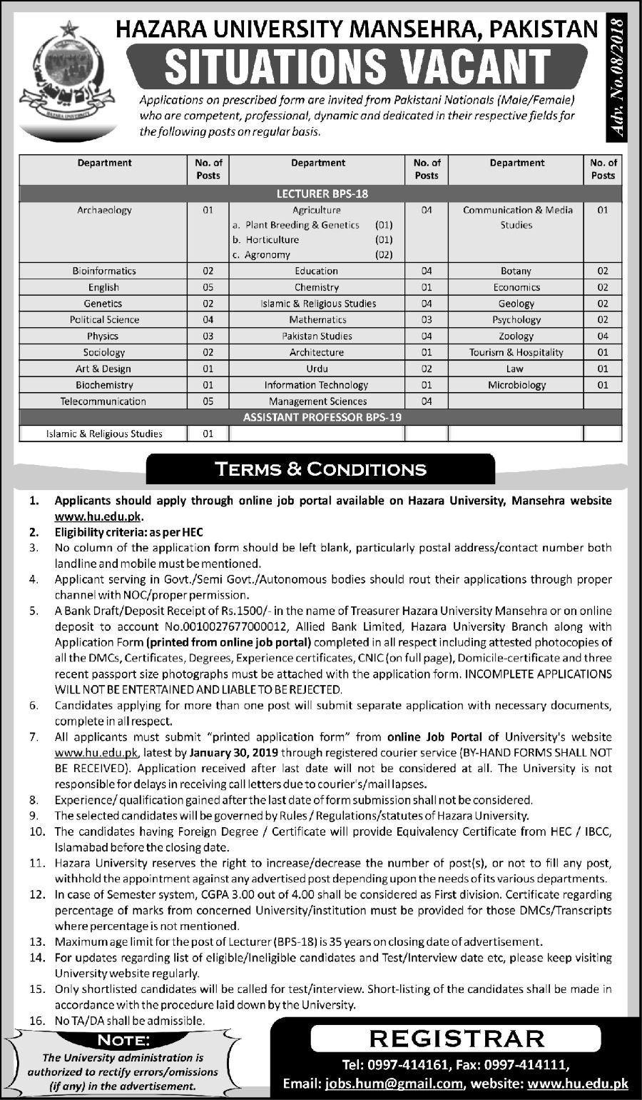 Hazara University Mansehra KP Jobs 2019 for 73+ Teaching Faculty Posts