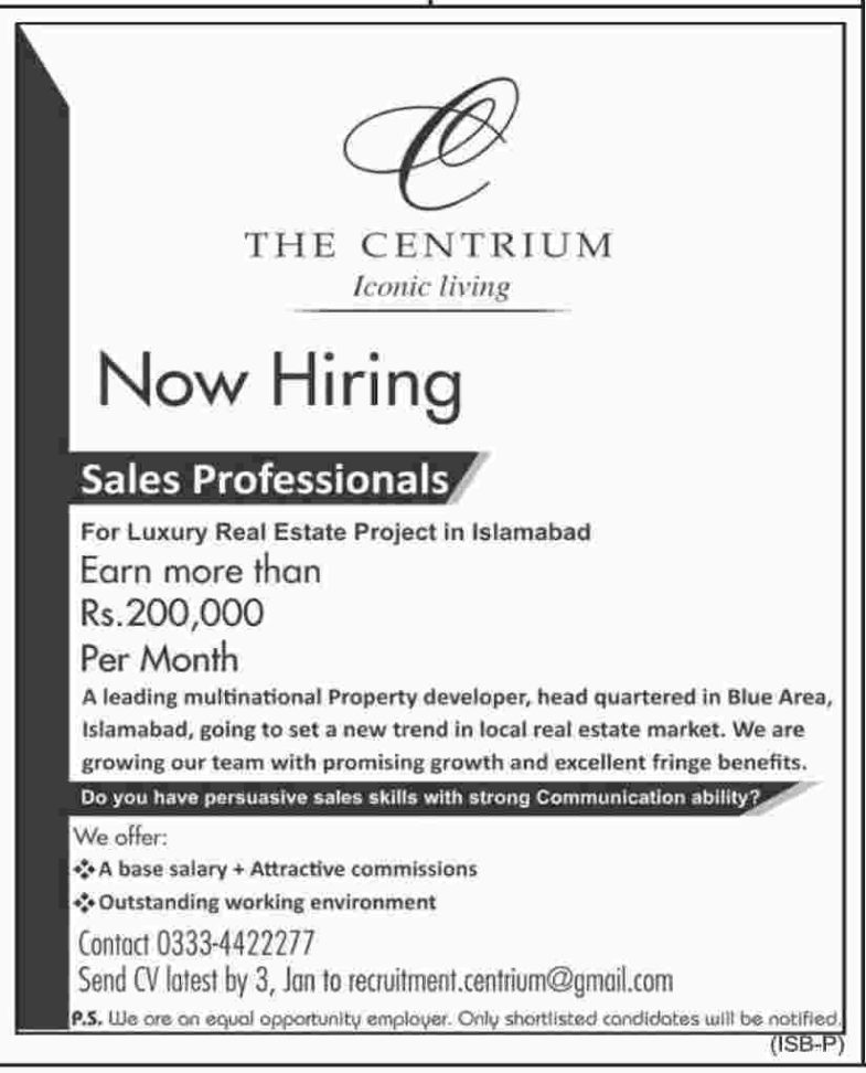 The Centrium Islamabad Jobs 2019 for Sales Professionals