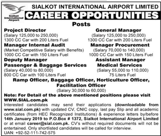 Sialkot International Airport Ltd (SIAL) Jobs 2019 for Various Staff & Management Posts