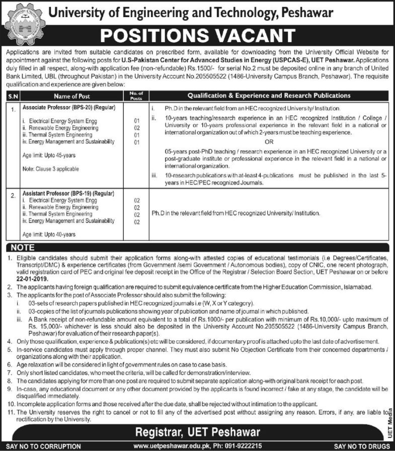 UET Peshawar Jobs January 2019 for Teaching Faculty
