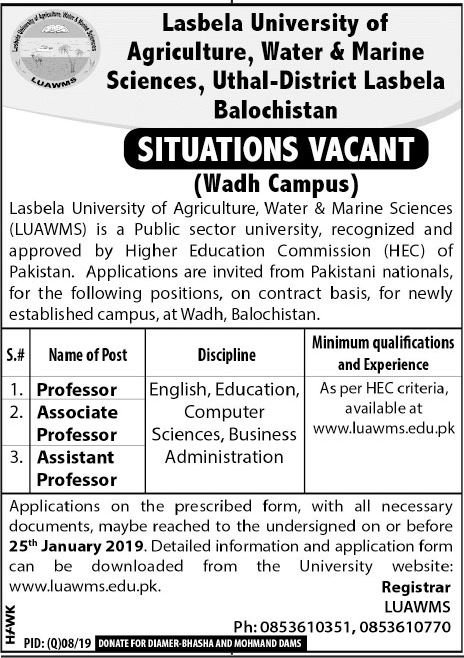 Lasbela University (LUAWMS) Jobs 2019 for Teaching Faculty
