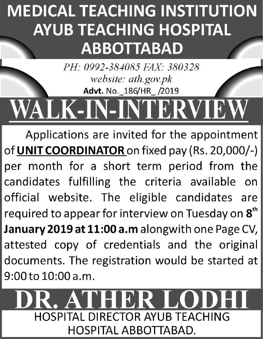 Ayub Teaching Hospital/Institution Jobs 2019 for Unit Coordinator
