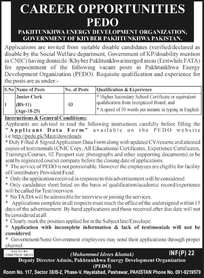 PEDO KP Jobs 2019 for 3+ Junior Clerks