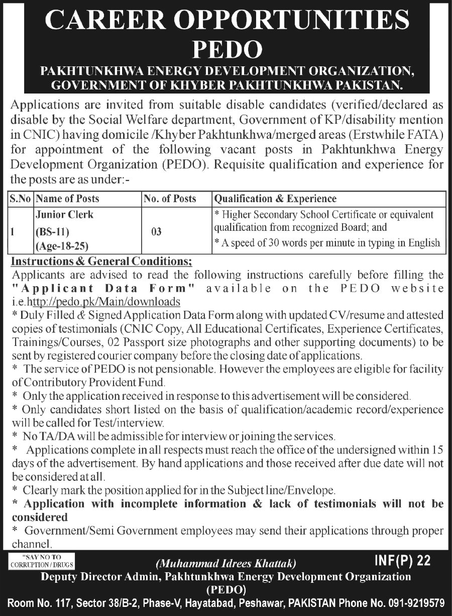 PEDO KP Jobs 2019 for 3+ Junior Clerks