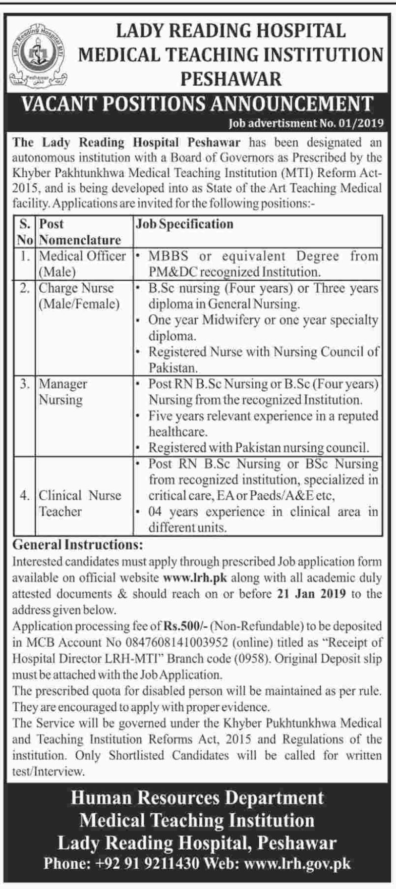 Lady Reading Hospital (LRH) Peshawar Jobs 2019 for Charge Nurses, Medical Officers, Manager Nursing & Nurse Teacher