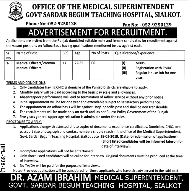 Govt Sardar Begum Teaching Hospital Sialkot Jobs 2019 for 6+ Medical Officers (Male/Female)