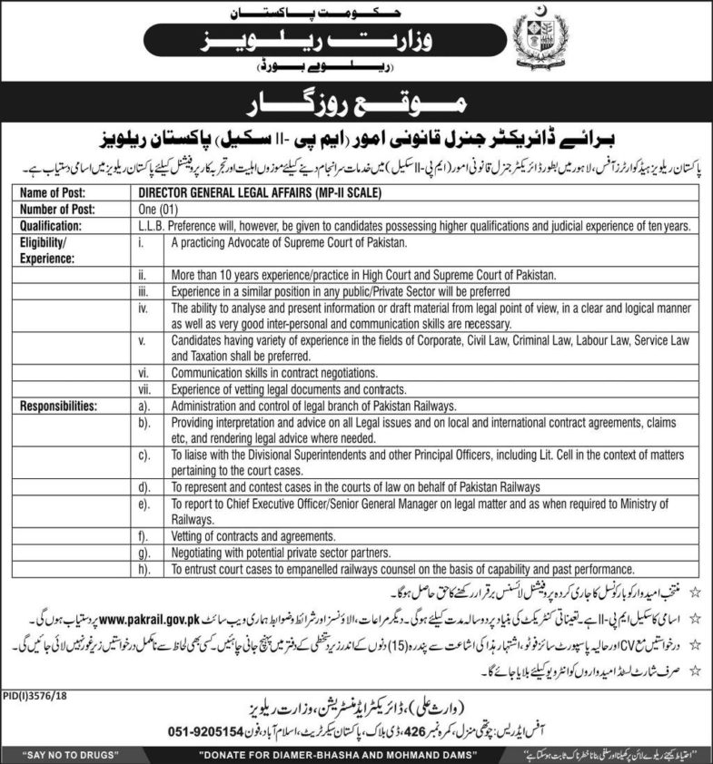 Ministry of Railways Jobs 2019 for Director General / Legal Affairs