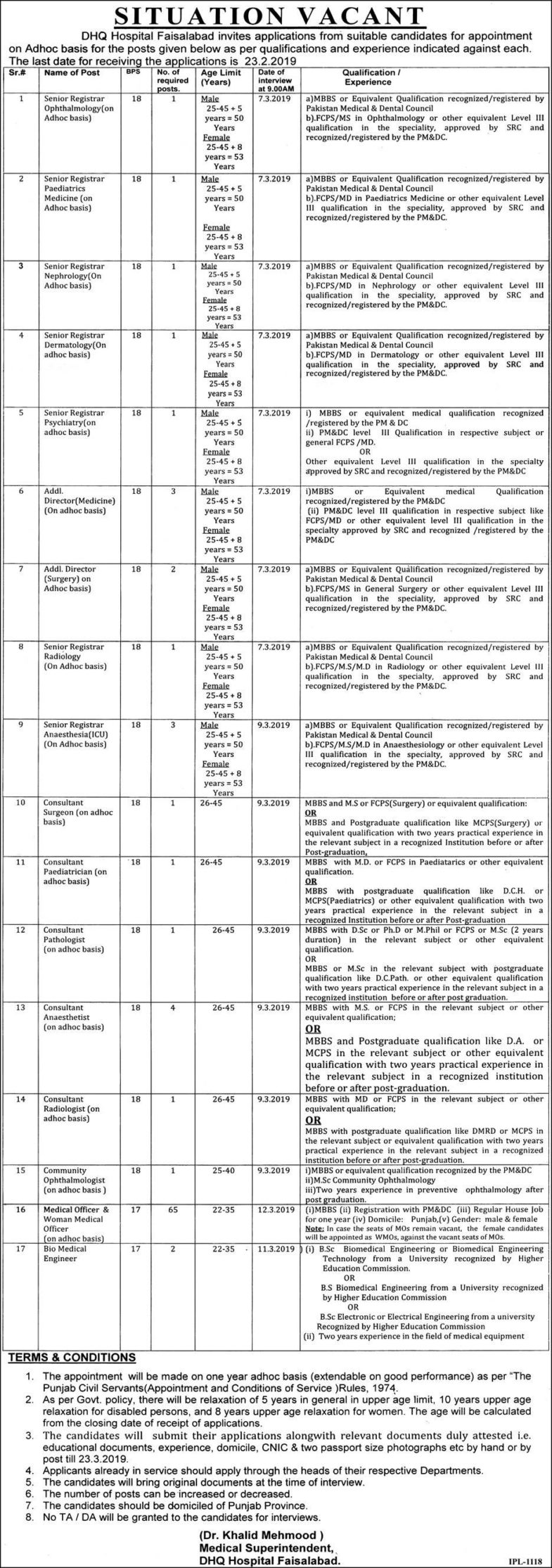 DHQ Hospital Faisalabad Jobs 2019 for 90+ Medical Officers, Bio Medical Engineers, Registrars Posts