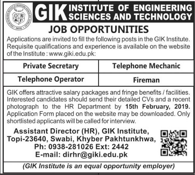 GIK Institute of Engineering Sciences & Technology Jobs 2019 for PS, Telephone Operator, Mechanic & Fireman