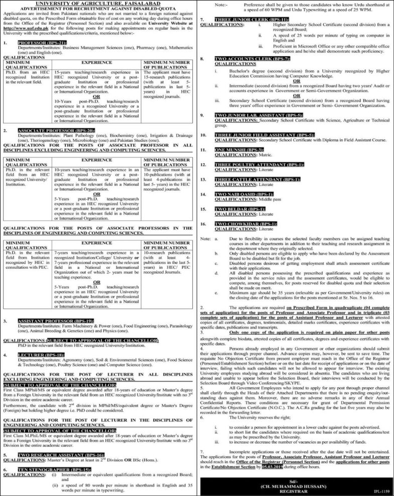 University of Agriculture Faisalabad Jobs 2019 for Teaching & Non-Teaching Staff