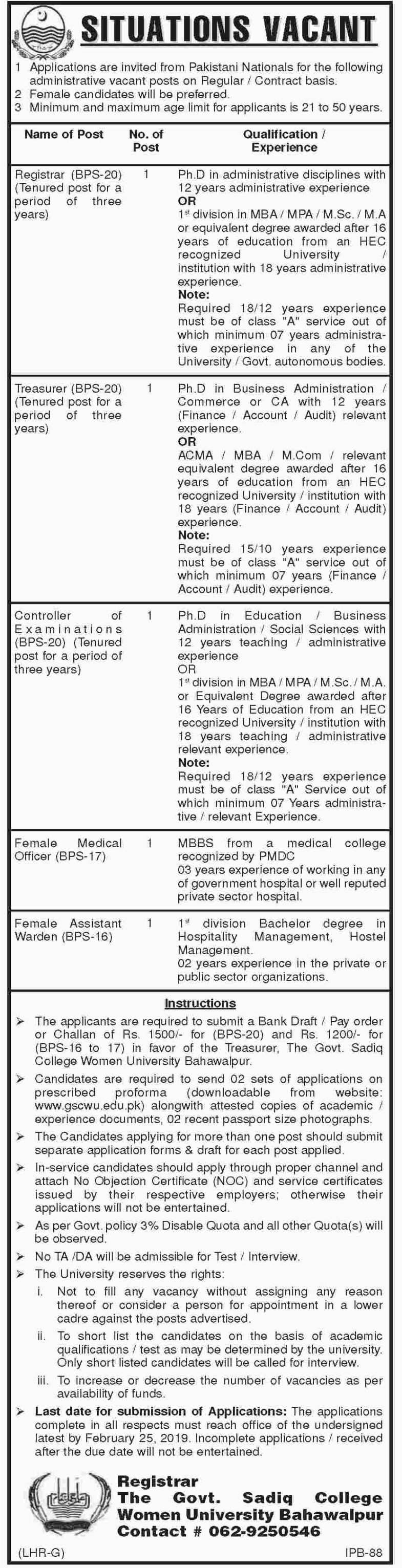 Govt Sadiq College Women University (Bahawalpur) Jobs 2019 for Registrar, Treasurer, Controller Examination, Medical Officer & Assistant Warden