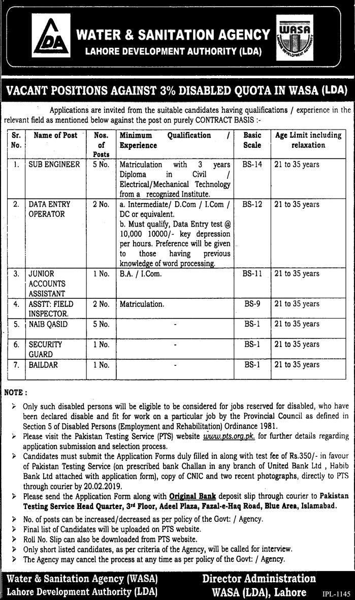 LDA / WASA Jobs 2019 for 17+ Sub-Engineers, Accounts, DEO & Other Posts (Disable Quota)
