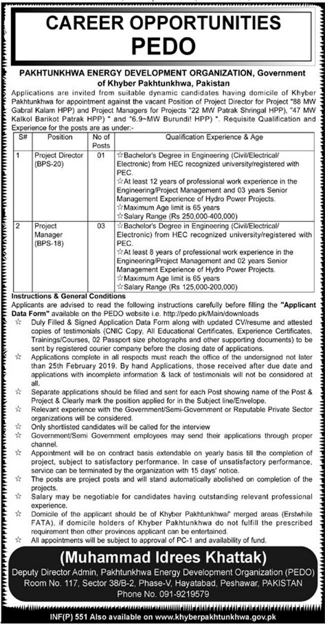 PEDO KP Jobs 2019 for Project Managers and Director Posts