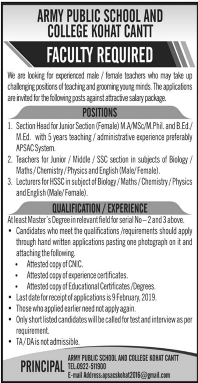 Army Public School & College Kohat Jobs 2019 for Teaching Staff