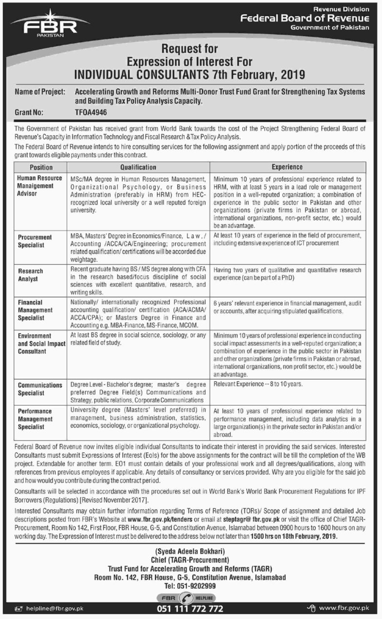 FBR Jobs 2019 for HR, Procurement, Research Analyst, Communication & Other Specialists / Consultants