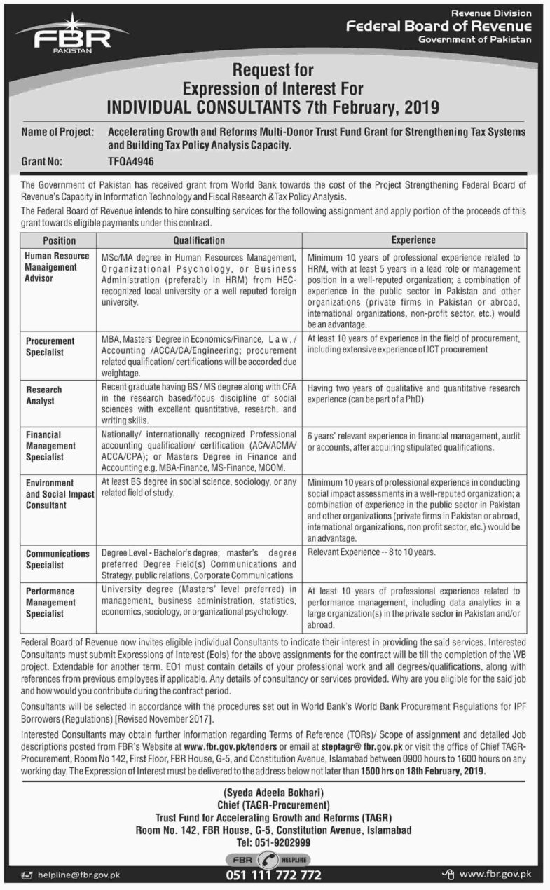 FBR Jobs 2019 for HR, Procurement, Research Analyst, Communication & Other Specialists / Consultants