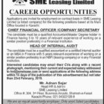 SME Leasing Ltd Jobs 2019 for CFO, Company Secretary and Head of Internal Audit