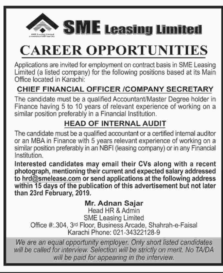 SME Leasing Ltd Jobs 2019 for CFO, Company Secretary and Head of Internal Audit