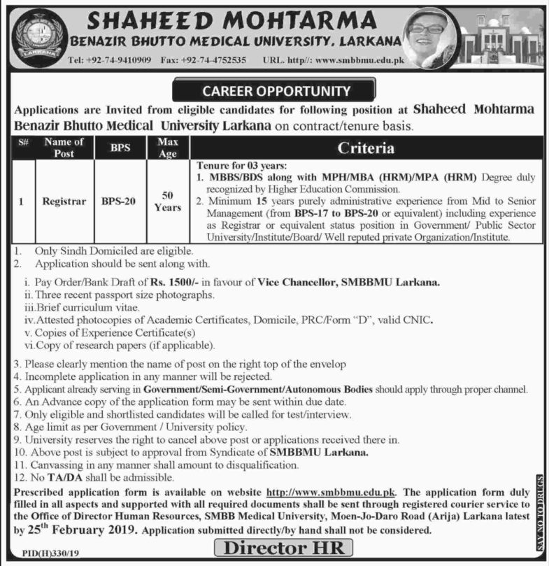 SMBB Medical University Larkana Jobs 2019 for Registrar Posts