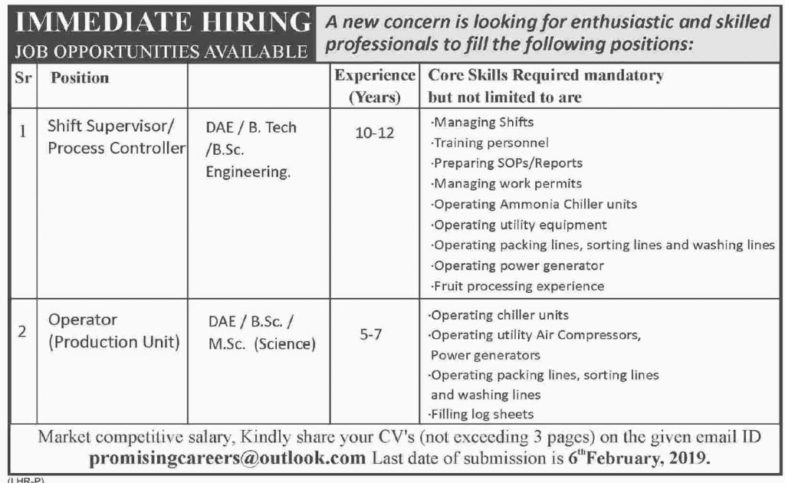 Reputed Company Jobs 2019 for Shift Operators, Operators / DAE, BSc, MSc Posts