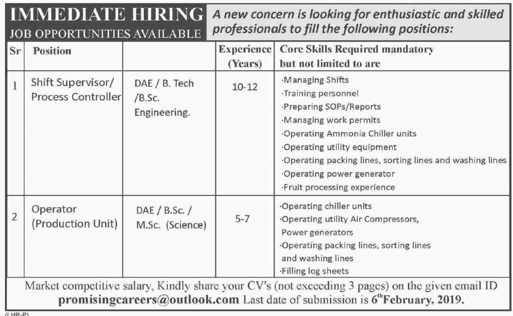 Reputed Company Jobs 2019 for Shift Operators, Operators / DAE, BSc, MSc Posts