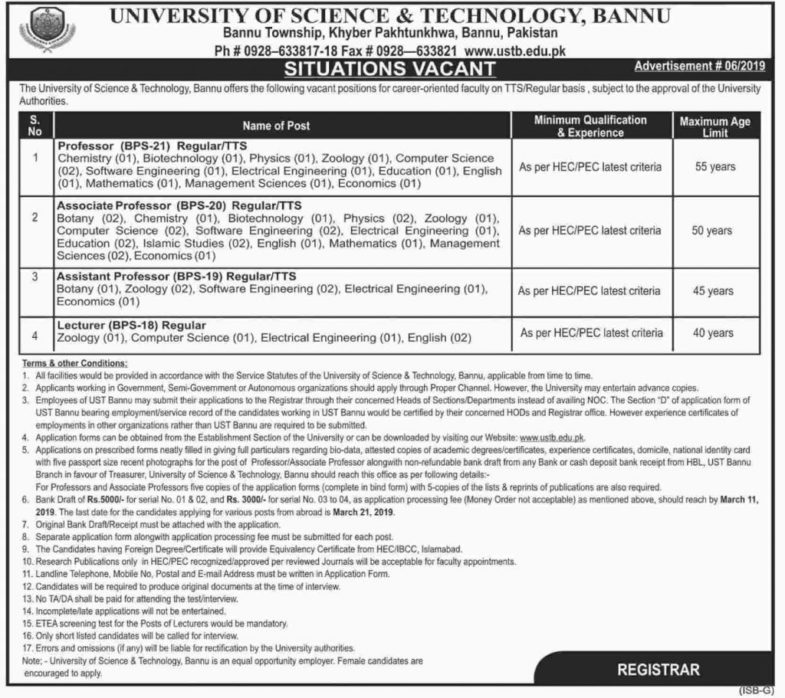 University of Science & Technology Bannu Jobs 2019 for Teaching Faculty