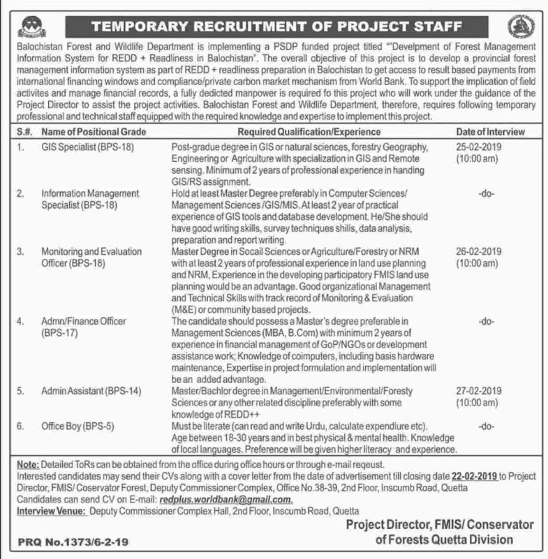 Balochistan Forest & Wildlife Department Jobs 2019 for Admin, Finance, M&E, IT, GIS & Other Posts