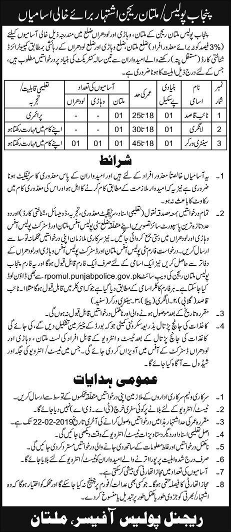 Punjab Police Jobs 2019 for Naib Qasid & Support Staff (Disable Quota) (Multiple Cities)