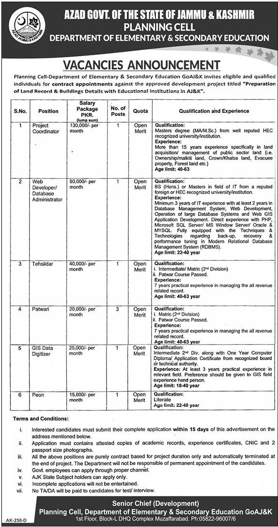 AJK Elementary & Secondary Education Department Jobs 2019 for 8+ Posts (Multiple Categories)