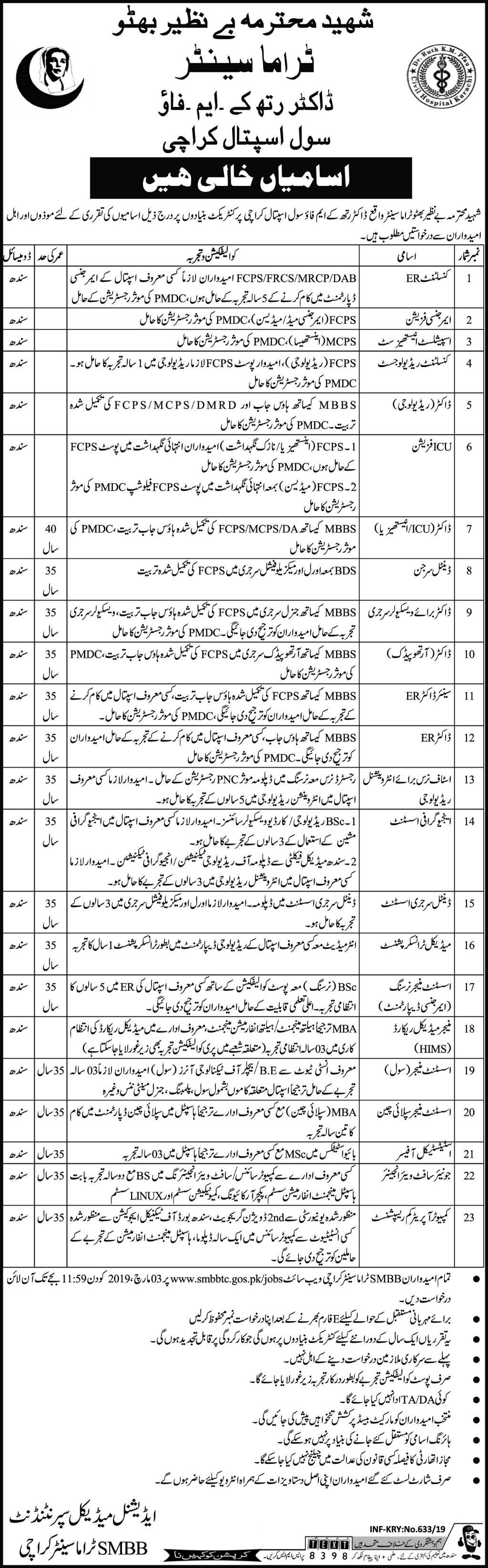 Civil Hospital Karachi Jobs 2019 for 23+ Admin, IT, Engineering, Medical & Other Posts