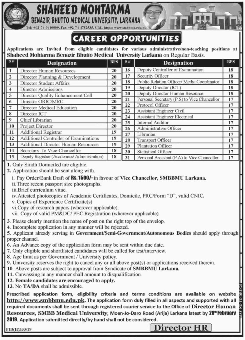 SMBB Medical University Larkana Jobs 2019 for 31+ Posts (Multiple Categories)