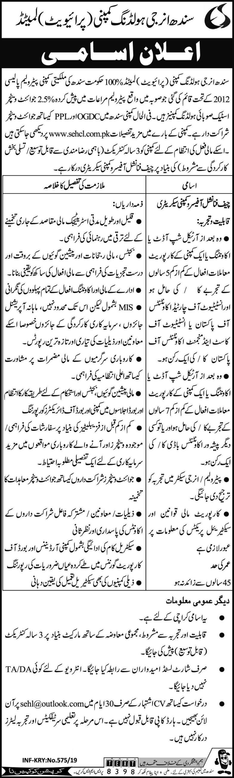 Sindh Energy Holding Company Jobs 2019 for CFO / Company Secretary Posts