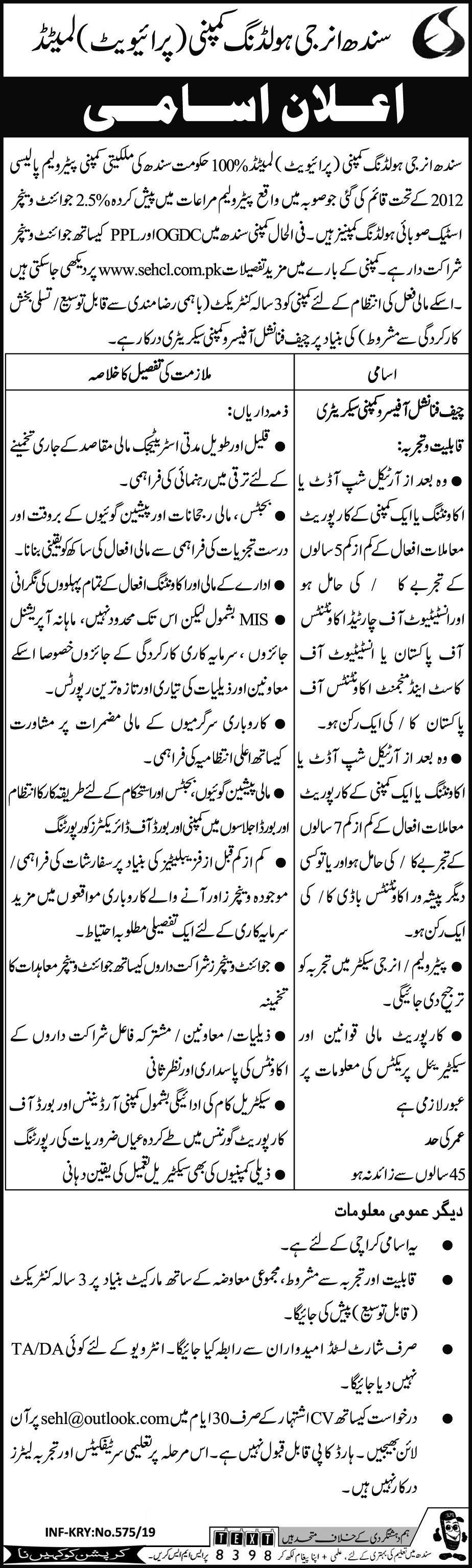 Sindh Energy Holding Company Jobs 2019 for CFO / Company Secretary Posts