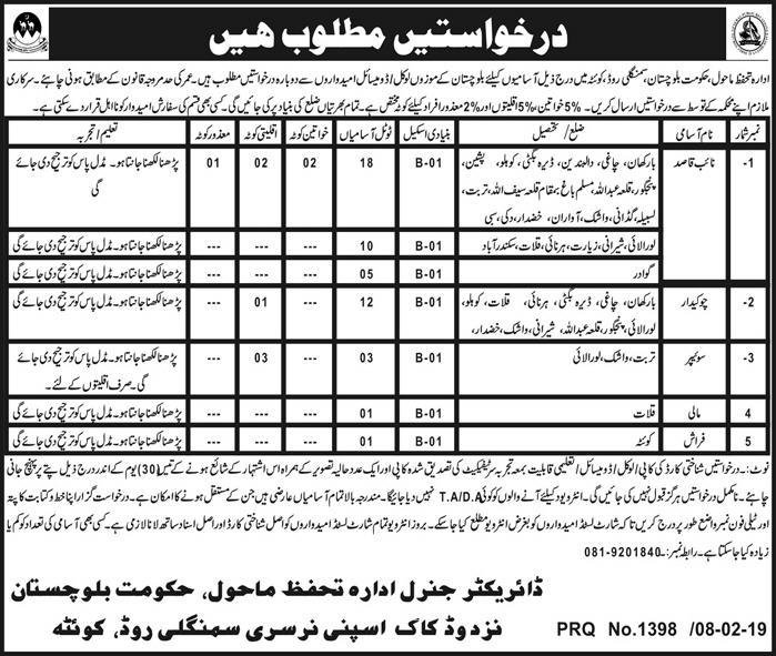 Environmental Protection Agency Balochistan Jobs 2019 for 50+ Security & Support Staff