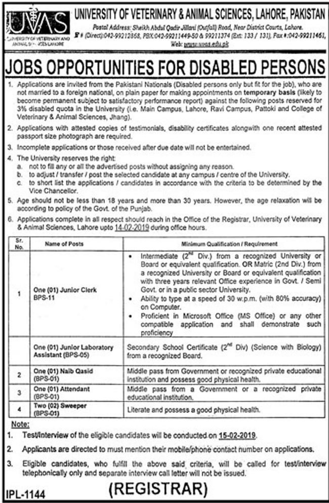 UVAS University Lahore Jobs 2019 for 6+ Jr Clerk, Lab Assistant & Support Staff (Disable Quota)