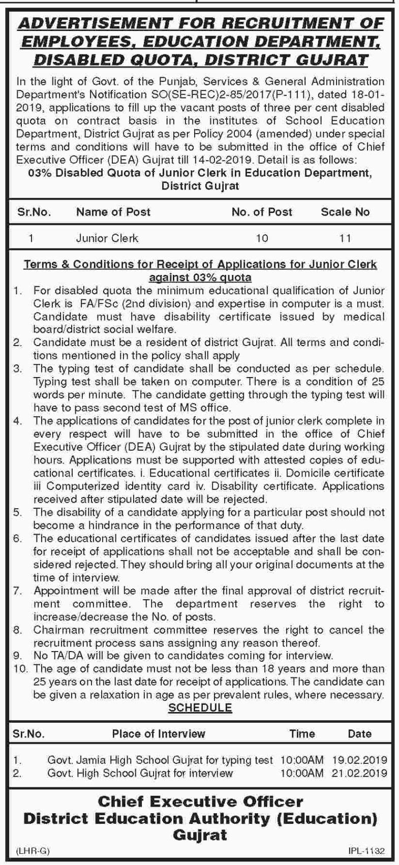 Gujrat District Education Department Jobs 2019 for 10+ Junior Clerks (Disable Quota)