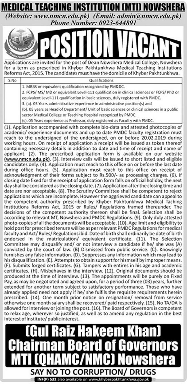 Medical Teaching Institution Nowshera Jobs 2019 for the post of Dean