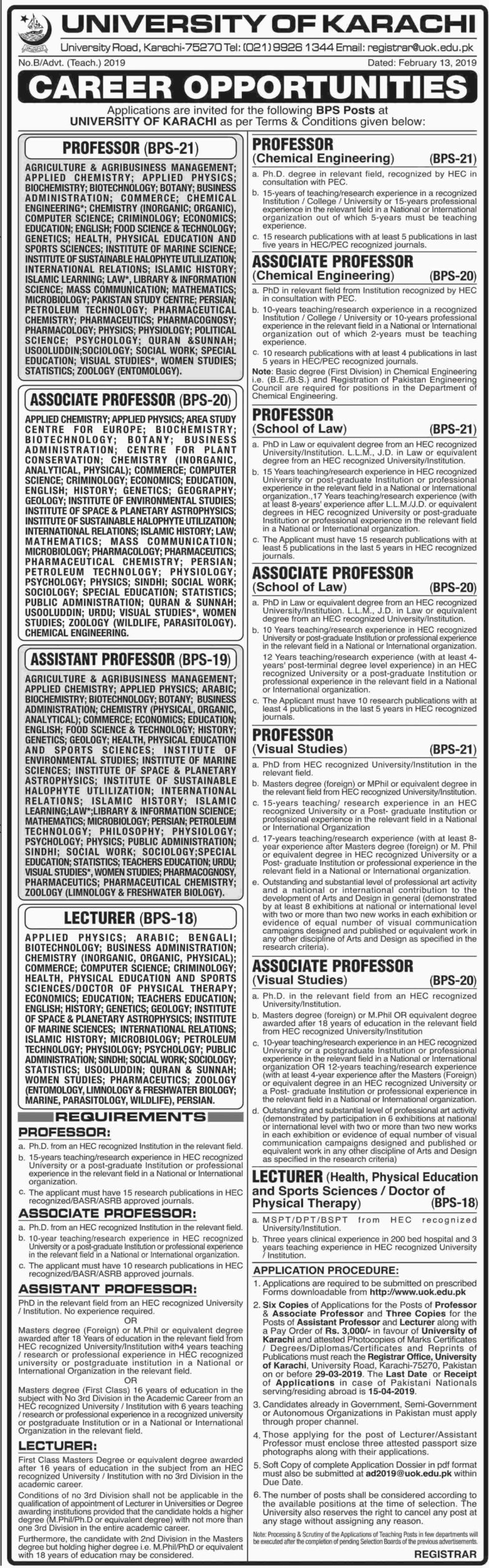 University of Karachi Jobs 2019 for 100+ Teaching Faculty (All Subjects)
