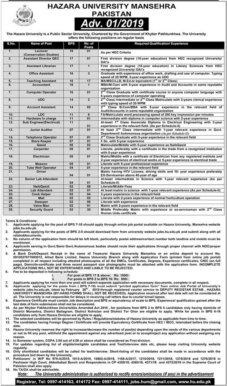 Hazara University Mansehra Jobs 2019 for 100+ Admin, Clerks, Accounts, IT, TAs, Teaching & Other Posts