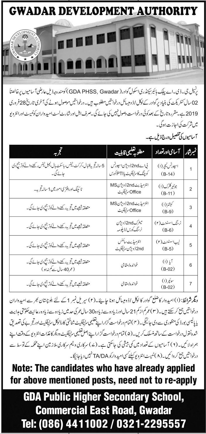 Gwadar Development Authority Jobs 2019 for 9+ Jr Clerk, Cashier, Nursing Assistant, Teacher & Support Staff