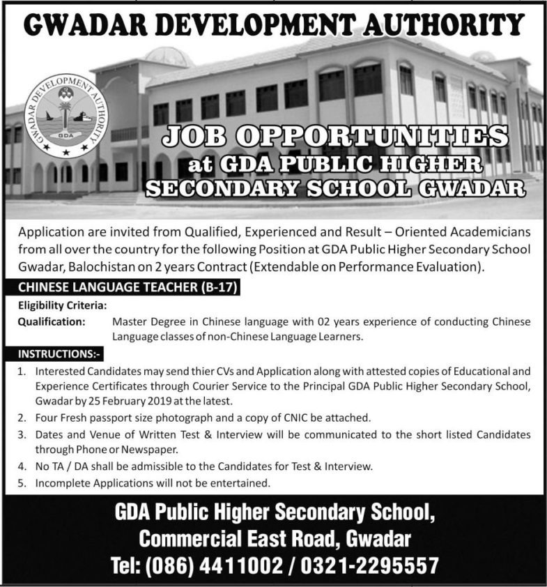 Gwadar Development Authority Jobs 2019 for Chinese Language Teacher