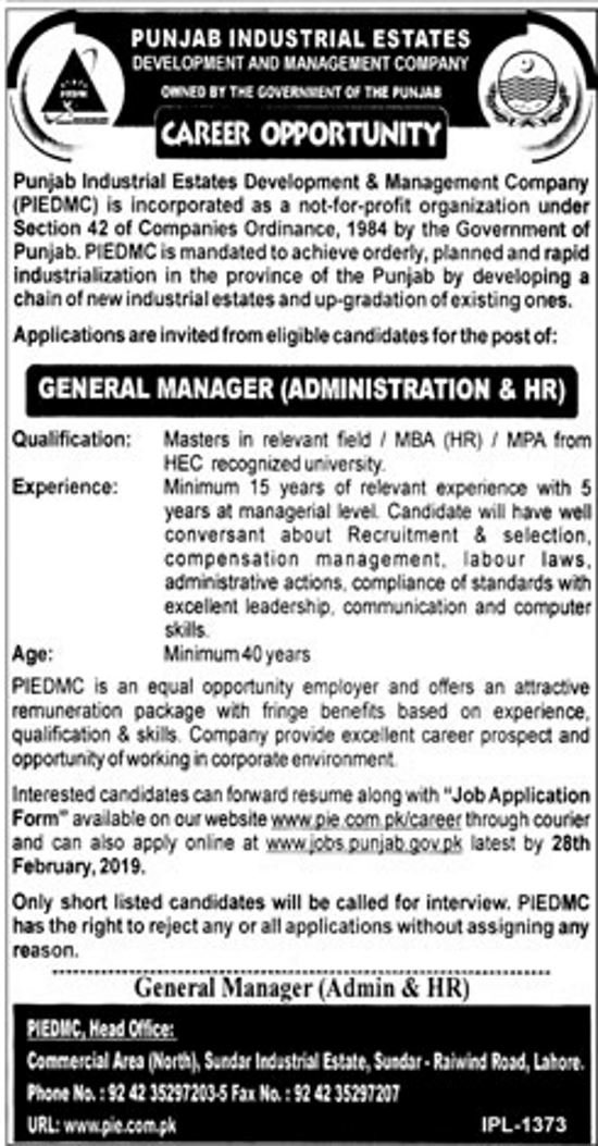 PIEDMC Jobs 2019 for General Manager Admin / HR