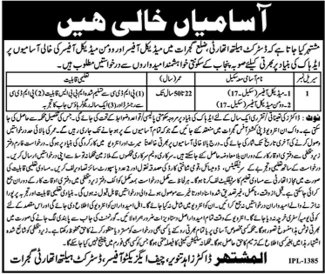 Gujrat District Health Authority Jobs 2019 for Medical Officers & Women Medical Officers
