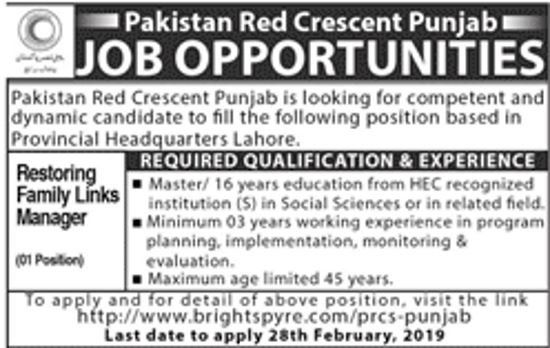 Pakistan Red Crescent Jobs 2019 for Manager