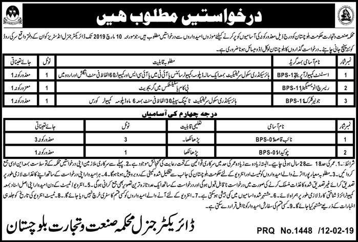 Balochistan Industries & Commerce Department Jobs 2019 for Jr Clerk, Research Investigator, Asst Computer Operator & Other Posts