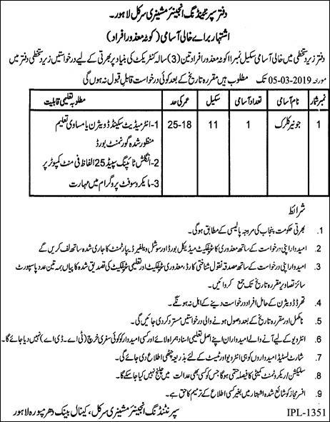 Lahore Irrigation Department Jobs 2019 for Junior Clerk (Disable Quota)