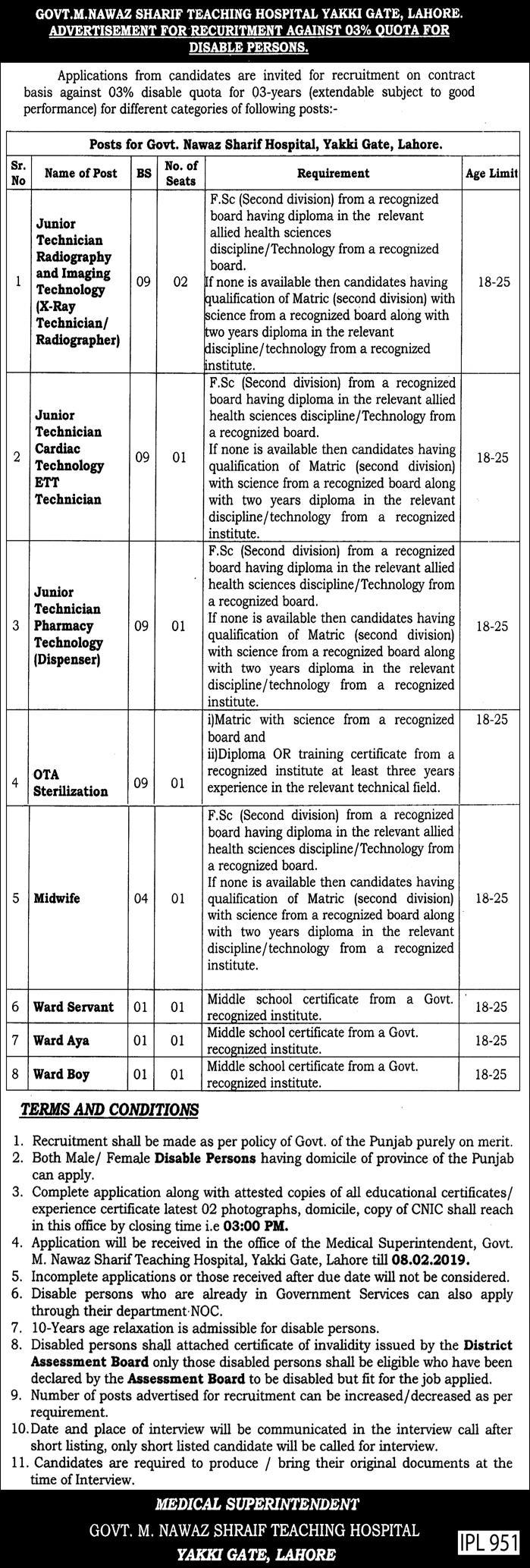 Govt M. Nawaz Sharif Teaching Hospital Jobs 2019 for 9+ Technicians & Support Staff (Disable Quota)
