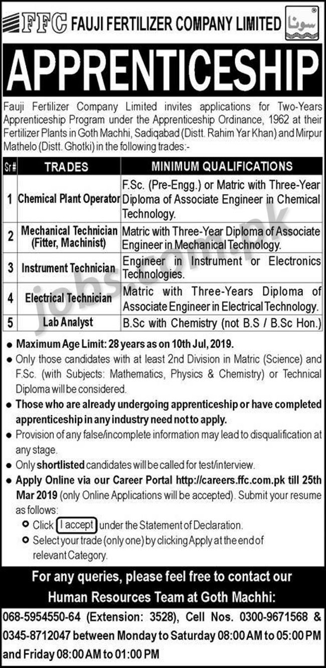 Fauji Fertilizer Company (FFC) Apprenticeship Program 2019 (Multiple Trades)